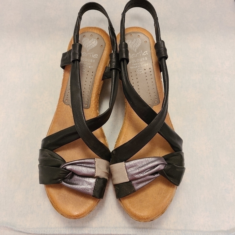 New Platform Open Toe Wedges Leather Slip On Strappy Sandals Black Silver Gray